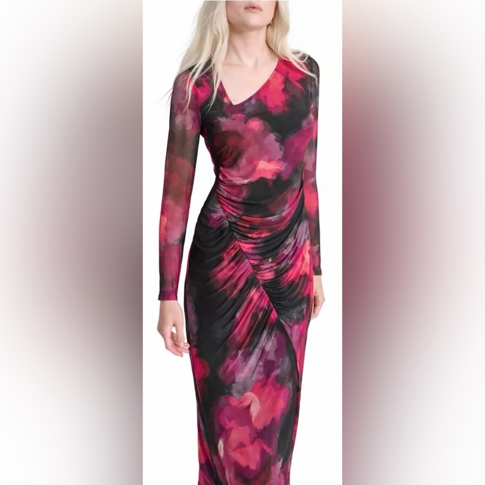 DKNY Vibrant Red and Black Long Sleeve Dress 14